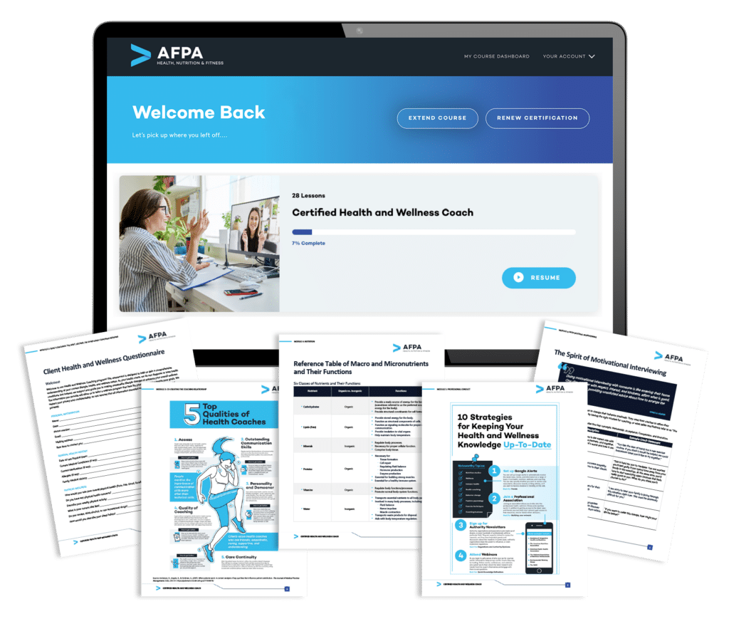 The certified Health & Wellness Coach program learning portal on a computer screen with included handouts